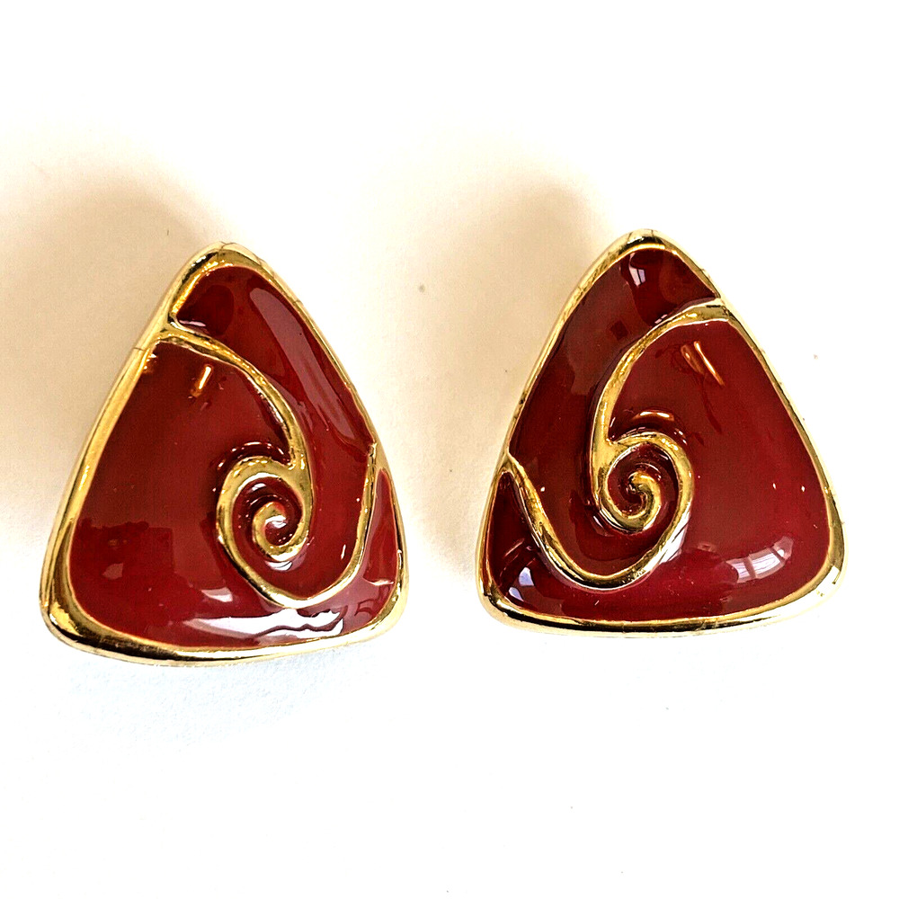 Vintage 1980’s Clip On Earrings Goldtone & Deep Red Enamel Geometric Mod Swirl - Picture 6 of 6